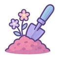 Play relaxing garden design and planting games Cartoon of a blooming garden with flowers and garden tools