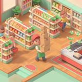 3D supermarket interior with stocked shelves, checkout counter, shoppers, and a store clerk
