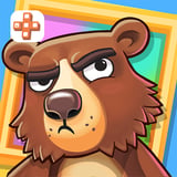 Grumpy cartoon bear standing on a colorful puzzle map, ready to smash paintings and outsmart traps.