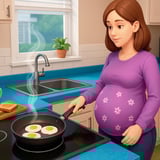 Pregnant woman cooking breakfast in a cozy kitchen during a life simulation pregnancy game