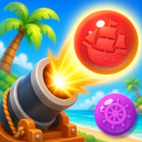 Pirate cannon shooting colorful bubbles over a tropical treasure island
