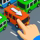 Cartoon traffic jam of colorful buses and cars waiting to pick up passengers in a city parking lot