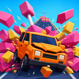 Orange car smashing through colorful 3D obstacle barriers on a chaotic road course