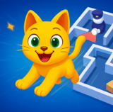 Cute yellow kitten sneaking through a maze while avoiding guards and traps