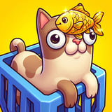 Wide-eyed cream and brown cat balancing a shiny goldfish on its head while sitting in a blue crate, inspired by cozy polyomino puzzle gameplay.