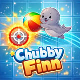 Chubby Finn seal puzzle game with colorful beach balls, target markers, and icy blue tiles
