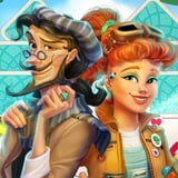 Solve solitaire and shape a town or an island adventure A lively man and woman in front of cards