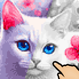 Paint by symbols, collect coins, unlock more art Pixel art of a white cat among cherry blossoms