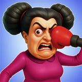 Crazy Aunty getting ready for a boxing match with an oversized red boxing glove