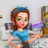 Spin to win, then design your dream home! Cartoon woman holding a paint roller and decorating