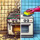 An intricate oven, dirty on one side, being cleaned on the other
