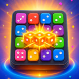 Colorful numbered dice tiles on a grid merging into higher values in a minimalist puzzle game.