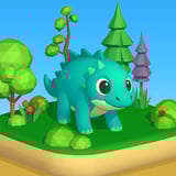 Cute cartoon dinosaur wandering a colorful idle amusement park surrounded by trees and water