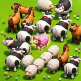 Cute farm animals, sheep, cows, horses, and pigs gathered around a winding farm escape puzzle