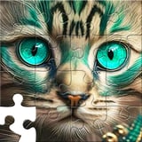 A colorful jigsaw puzzle in progress with scattered pieces and a tranquil background. A cute and magical kitten in a jigsaw puzzle