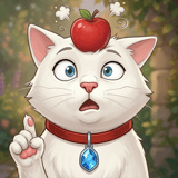 Wide-eyed white cat balancing an apple on its head in a cozy kitchen filled with hidden objects and colorful details
