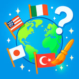 Colorful world flags quiz game screen with multiple choice answers and timer