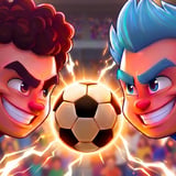 Cartoon football players battling in a fast paced 1v1 soccer match with a glowing ball