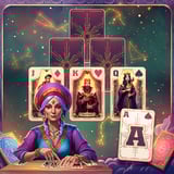 Solitaire game with mystical tarot-style cards in a tripeaks pyramid layout