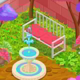 Pink bench in a cute, green garden.