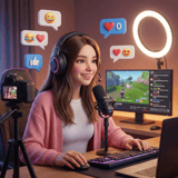 Smiling female streamer with headset, microphone, and ring light broadcasting gameplay on a computer setup