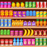 Colorful grocery shelf sorting puzzle with snacks, drinks, fruit, and matching items arranged in rows