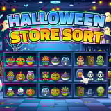 Halloween-themed shelf sorting puzzle with cute spooky toys