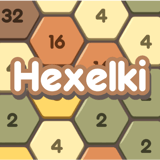 Hexelki hexagon number puzzle board with merging tiles and 2s, 4s, 8s, 16s, and 128s