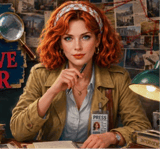 Red-haired investigative reporter searching for clues in a hidden object mystery game