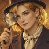 Elegant female detective holding a magnifying glass in a charming European street filled with hidden objects