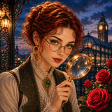 Young Victorian woman with a magnifying glass searching for hidden objects among roses, elegant architecture, and Art Nouveau details.
