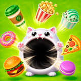 Cute white kitten with a magical black hole mouth surrounded by burgers, pizza, donuts, popcorn, coffee, and colorful treats