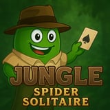 Cartoon jungle frog detective holding a spade card in a jungle-themed Spider Solitaire game
