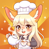 Fox-eared barista balancing steaming tea while a black cat leaps in a cozy woodland cafe