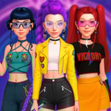 Three stylish girls dressed in bold K-Pop demon hunter outfits with neon hair and edgy accessories.