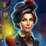 Merge your way through mystery and magic to light up the town! Victorian brunette woman holding up a glowing moth at night