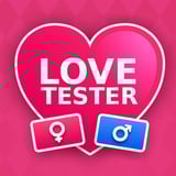 Pink love tester game screen with name inputs and a heart showing compatibility percentage