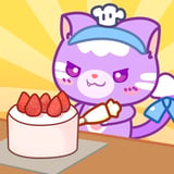 Cute pink cat baker serving a strawberry dessert in a charming bakery game