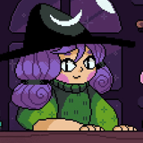 Pixel art witch collecting ingredients in an enchanted forest full of glowing spirits.