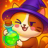 Cute witch cat stirring potions with colorful bottles