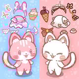 Decorate a magical kitty castle and play 5 adorable mini games Pink and cream kitties with cute Japanese aesthetics