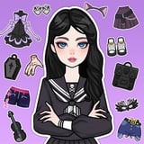 Style your witchy paper doll and fill her magical diary! Wednesday Addams with her paper doll clothes