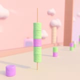 Tall pastel marshmallow stack weaving past obstacles in a pink sky runner game