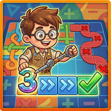 Smiling kid solving number puzzle grid and unlocking drawing tools with colorful math blocks