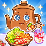 Cute wooden puppet livestreamer serving ramen, desserts, and fizzy drinks in a cozy mukbang ASMR cooking game.