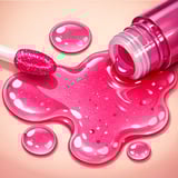 Glossy pink lip gloss spilling with applicator and sparkles, beauty-themed merge game visual