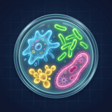 Glowing microorganisms inside a Petri dish, including amoeba, bacteria, and paramecium in a stylized lab setting