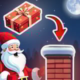 Santa and his elf drop presents down snowy chimneys under a moonlit sky