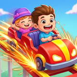 Happy kids racing through a colorful amusement park in a bright red roller coaster