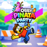 Obby character smashing colorful piñatas with a weapon in a bright arcade game
